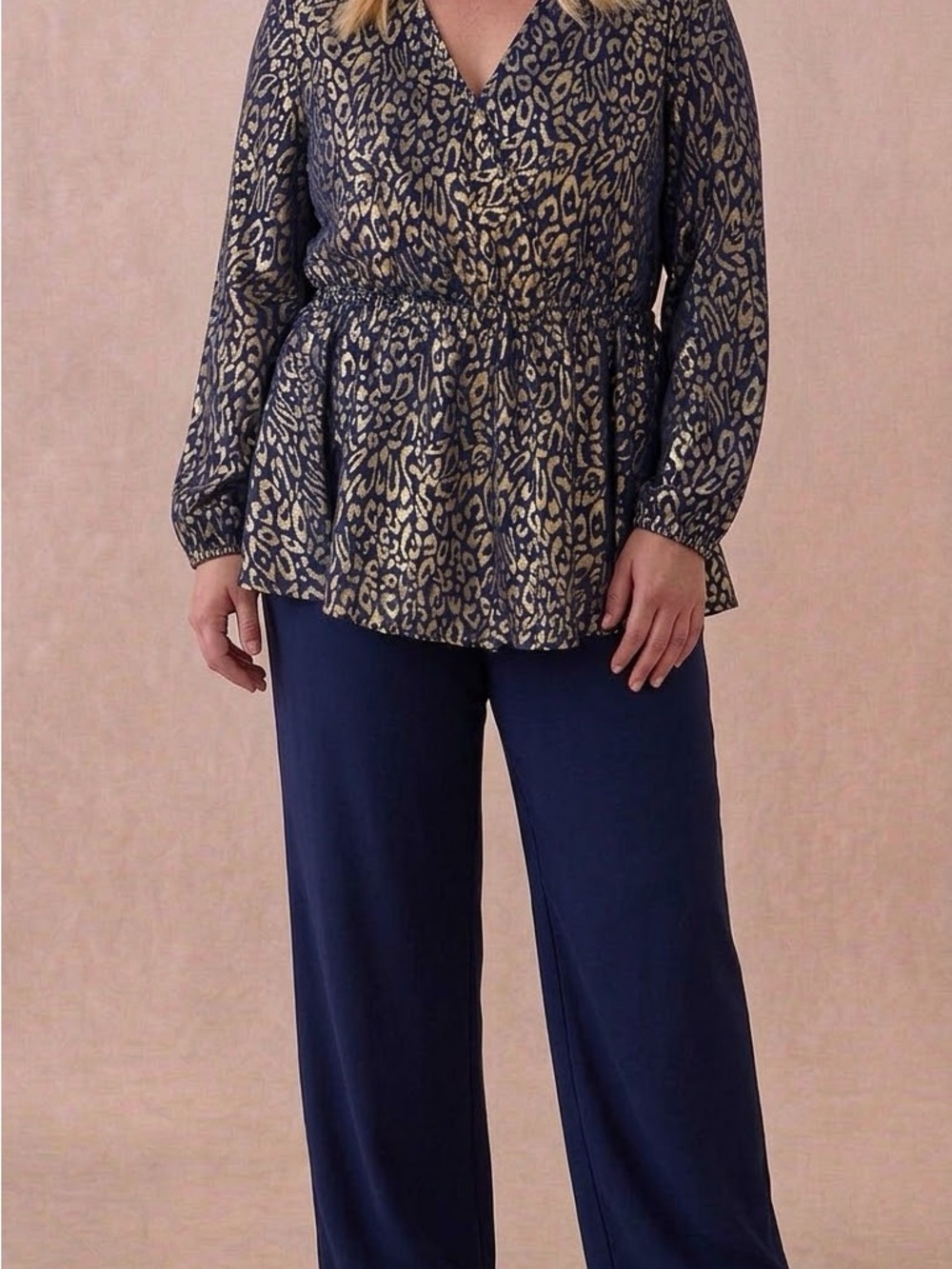 BloomChic Navy and Gold Animal Print Peplum Blouse